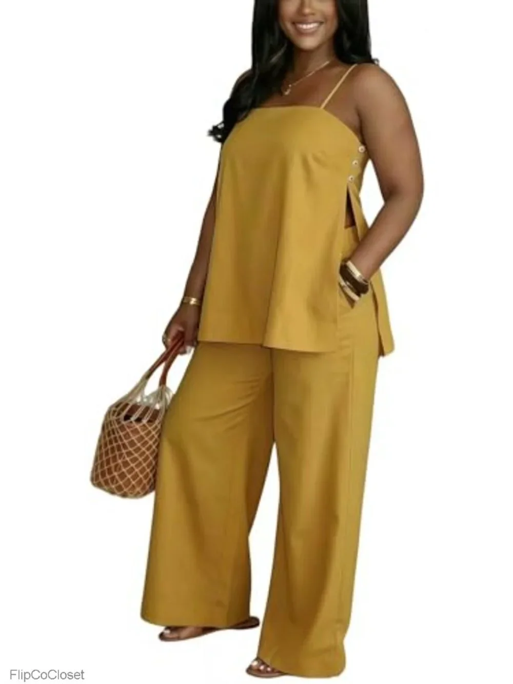 2 Piece Sleeveless Top & Wide Leg Pants Set Women Vacation Clubwear Summer